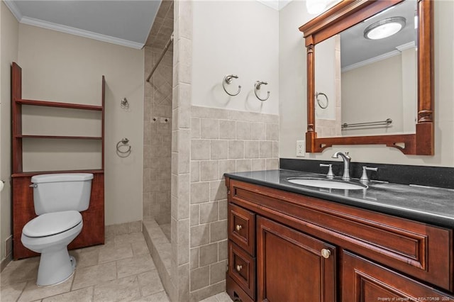 472 Walter Bright Rd, Sanford, NC 27330 - bathroom with toilet, vanity, tiled shower, crown molding, and tile walls