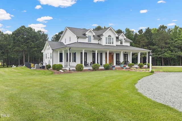 4737 Uzzle Rd, Rougemont, NC 27572 - farmhouse with a porch, a ceiling fan, a front lawn, a shingled roof, and cooling unit