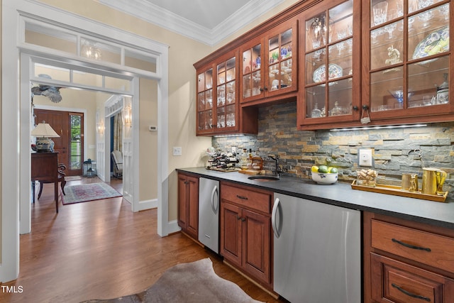 4737 Uzzle Rd, Rougemont, NC 27572 - indoor wet bar with fridge, decorative backsplash, wood finished floors, ornamental molding, and baseboards