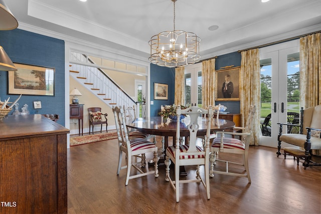 4737 Uzzle Rd, Rougemont, NC 27572 - dining space featuring french doors, dark wood finished floors, stairs, a chandelier, and crown molding