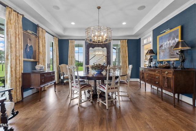 4737 Uzzle Rd, Rougemont, NC 27572 - dining space with a chandelier, wood finished floors, a tray ceiling, ornamental molding, and baseboards
