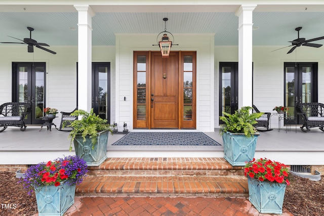 4737 Uzzle Rd, Rougemont, NC 27572 - property entrance with french doors, a ceiling fan, and a porch