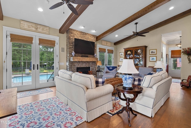 4737 Uzzle Rd, Rougemont, NC 27572 - living room featuring a ceiling fan, french doors, wood finished floors, and recessed lighting