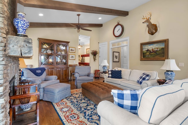 4737 Uzzle Rd, Rougemont, NC 27572 - living area featuring wood finished floors, ceiling fan, a fireplace, and recessed lighting