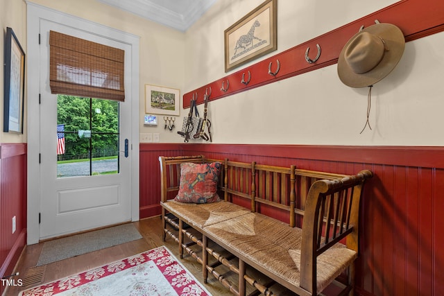 4737 Uzzle Rd, Rougemont, NC 27572 - mudroom with a wainscoted wall, crown molding, and wood finished floors