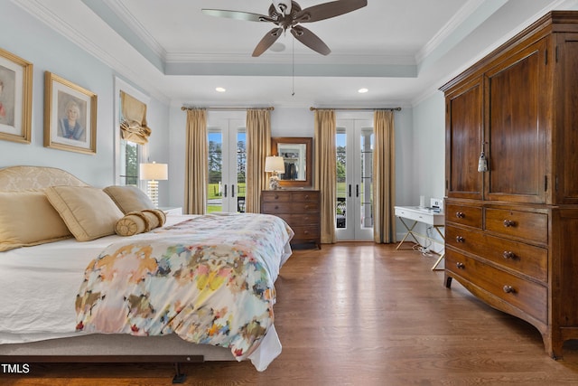 4737 Uzzle Rd, Rougemont, NC 27572 - bedroom with french doors, access to exterior, wood finished floors, crown molding, and a tray ceiling