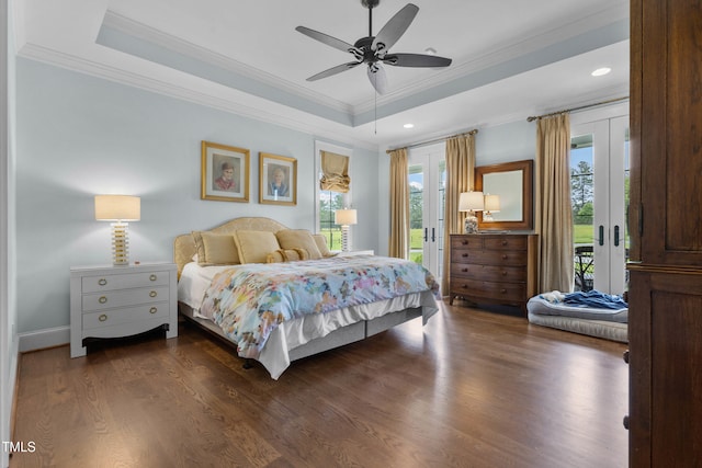 4737 Uzzle Rd, Rougemont, NC 27572 - bedroom featuring crown molding, access to exterior, dark wood-style floors, a tray ceiling, and recessed lighting