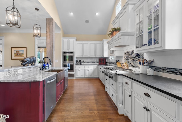 4737 Uzzle Rd, Rougemont, NC 27572 - kitchen with stainless steel appliances, a sink, a chandelier, white cabinetry, and recessed lighting
