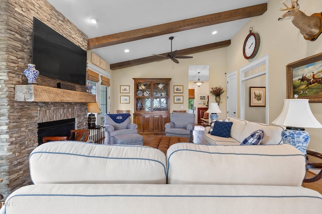 4737 Uzzle Rd, Rougemont, NC 27572 - living room with a ceiling fan, a fireplace, wood finished floors, and recessed lighting