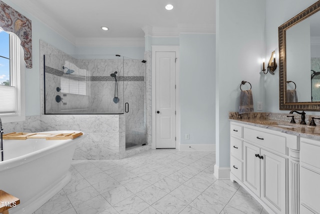 4737 Uzzle Rd, Rougemont, NC 27572 - full bathroom with a freestanding bath, a stall shower, vanity, marble finish floors, and crown molding