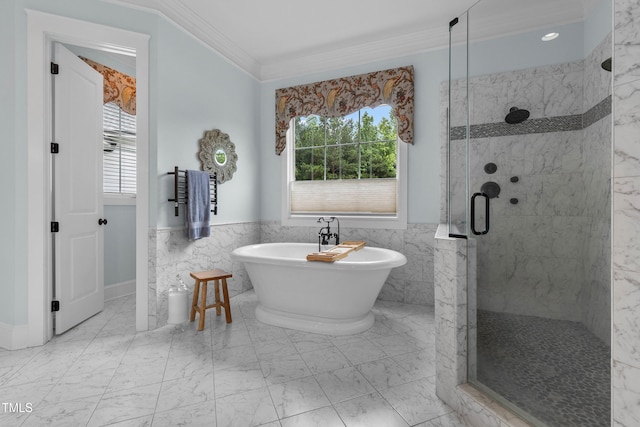 4737 Uzzle Rd, Rougemont, NC 27572 - bathroom featuring a stall shower, crown molding, a soaking tub, marble finish floors, and tile walls
