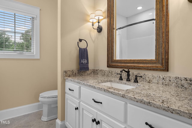 4737 Uzzle Rd, Rougemont, NC 27572 - bathroom with baseboards, vanity, toilet, a shower with shower curtain, and tile patterned flooring