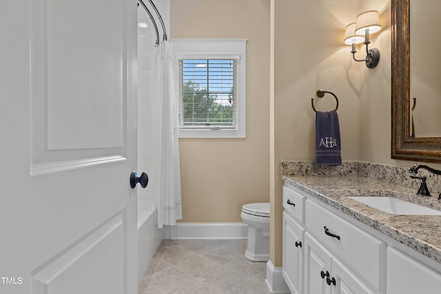 4737 Uzzle Rd, Rougemont, NC 27572 - full bathroom with vanity, baseboards, toilet, tile patterned flooring, and shower / bathtub combination with curtain