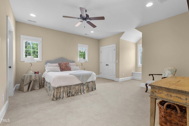 4737 Uzzle Rd, Rougemont, NC 27572 - bedroom with multiple windows, baseboards, light carpet, recessed lighting, and ceiling fan