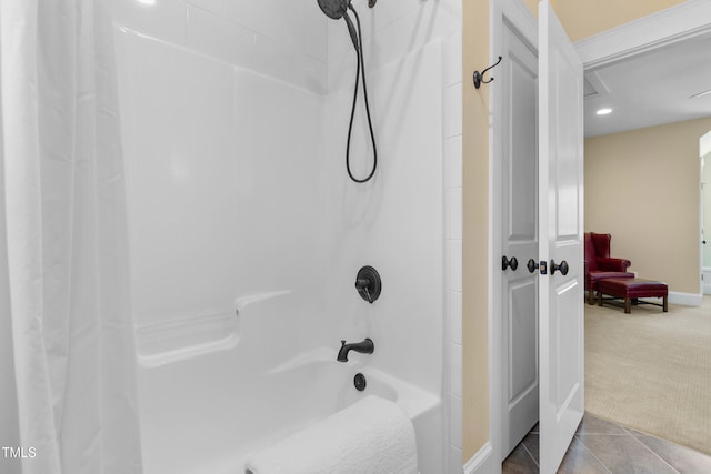 4737 Uzzle Rd, Rougemont, NC 27572 - full bathroom featuring shower / bath combo, baseboards, tile patterned floors, and recessed lighting