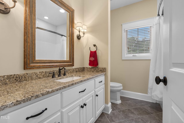4737 Uzzle Rd, Rougemont, NC 27572 - full bath with baseboards, vanity, toilet, tile patterned flooring, and recessed lighting