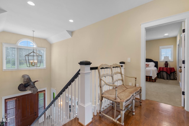 4737 Uzzle Rd, Rougemont, NC 27572 - hallway featuring plenty of natural light, wood finished floors, an upstairs landing, vaulted ceiling, and recessed lighting