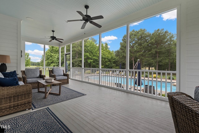 4737 Uzzle Rd, Rougemont, NC 27572 - sunroom featuring ceiling fan, outdoor lounge area, and view of scattered trees