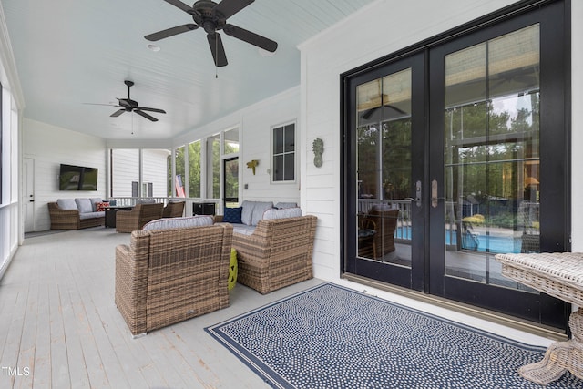 4737 Uzzle Rd, Rougemont, NC 27572 - wooden deck with french doors, an outdoor hangout area, and ceiling fan