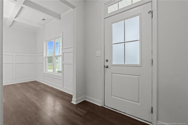 4616 Scenic Pines Dr, Hope Mills, NC 28348 - entryway with beamed ceiling, dark wood-style floors, a decorative wall, coffered ceiling, and ornamental molding