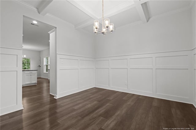 4616 Scenic Pines Dr, Hope Mills, NC 28348 - unfurnished dining area with a decorative wall, a chandelier, dark wood-style floors, beam ceiling, and coffered ceiling