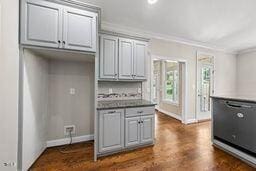 311 Rassie Crabtree Rd, Rougemont, NC 27572 - kitchen featuring ornamental molding, gray cabinetry, and dark wood-style flooring