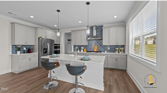 3421 Lebrun Path, Fuquay Varina, NC 27526 - kitchen with wall chimney range hood, stainless steel fridge, light countertops, backsplash, and dark wood finished floors