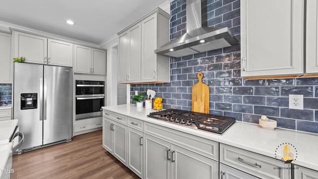 3421 Lebrun Path, Fuquay Varina, NC 27526 - kitchen featuring stainless steel appliances, wall chimney range hood, backsplash, light countertops, and recessed lighting