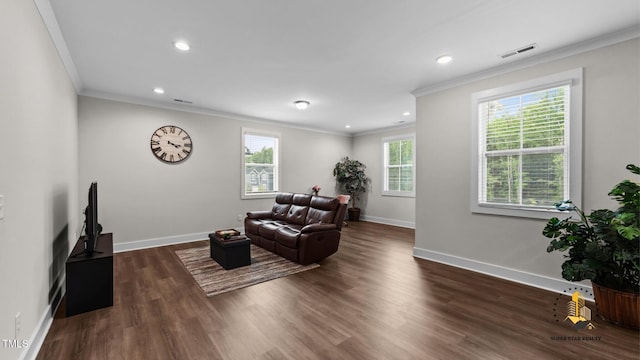 3421 Lebrun Path, Fuquay Varina, NC 27526 - sitting room with plenty of natural light, ornamental molding, dark wood finished floors, and recessed lighting