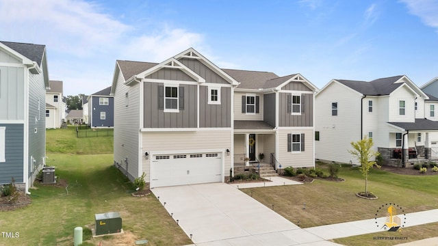 3421 Lebrun Path, Fuquay Varina, NC 27526 - craftsman house featuring board and batten siding, concrete driveway, an attached garage, a front lawn, and a residential view