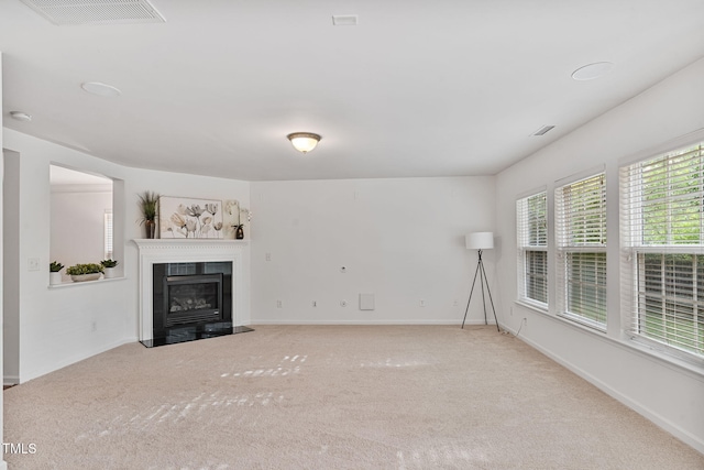 518 Emerald Downs Rd, Cary, NC 27519 - unfurnished living room with carpet and a fireplace with flush hearth