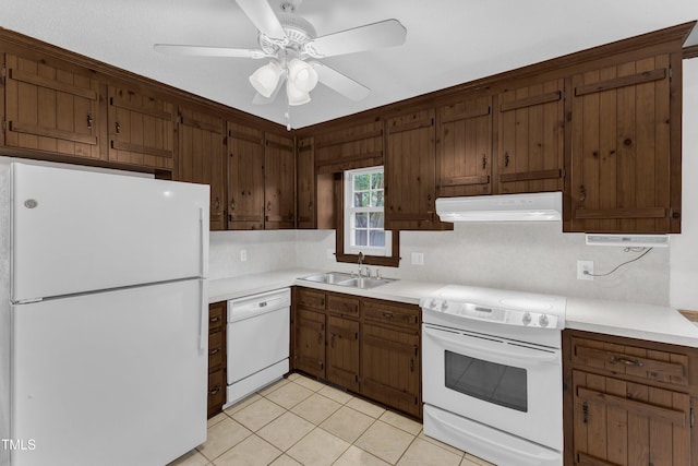 8121 Bentwood Pl, Raleigh, NC 27615 - kitchen with white appliances, under cabinet range hood, a sink, decorative backsplash, and light countertops