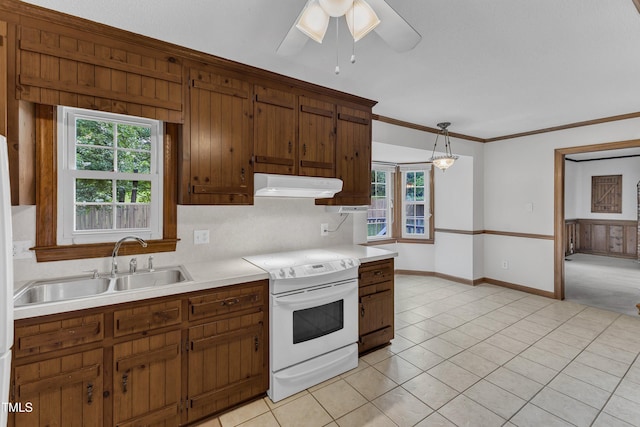 8121 Bentwood Pl, Raleigh, NC 27615 - kitchen featuring white range with electric stovetop, under cabinet range hood, plenty of natural light, a sink, and crown molding