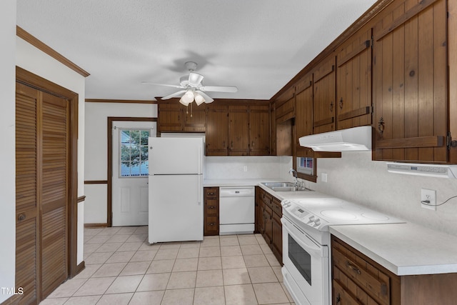 8121 Bentwood Pl, Raleigh, NC 27615 - kitchen featuring white appliances, under cabinet range hood, a sink, a ceiling fan, and light countertops