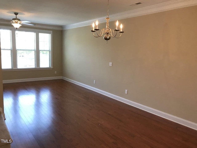 115 Ballyliffen Ln, Cary, NC 27519 - empty room featuring a chandelier, ornamental molding, dark wood-type flooring, baseboards, and ceiling fan