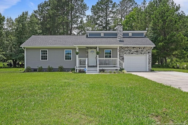 9872 NC-72 Hwy E, Lumberton, NC 28358 - view of front of home with covered porch, driveway, a front yard, an attached garage, and a chimney