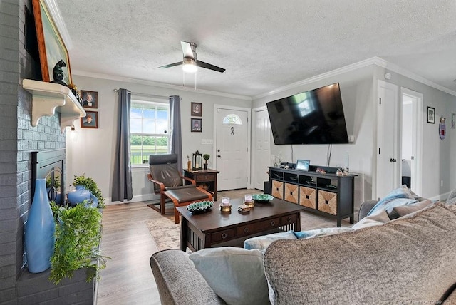 9872 NC-72 Hwy E, Lumberton, NC 28358 - living area with wood finished floors, a ceiling fan, a textured ceiling, baseboards, and crown molding