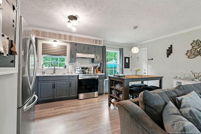 9872 NC-72 Hwy E, Lumberton, NC 28358 - kitchen with stainless steel appliances, gray cabinets, under cabinet range hood, light wood finished floors, and a textured ceiling
