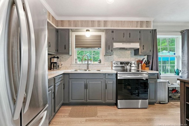 9872 NC-72 Hwy E, Lumberton, NC 28358 - kitchen featuring stainless steel appliances, gray cabinets, a sink, under cabinet range hood, and crown molding