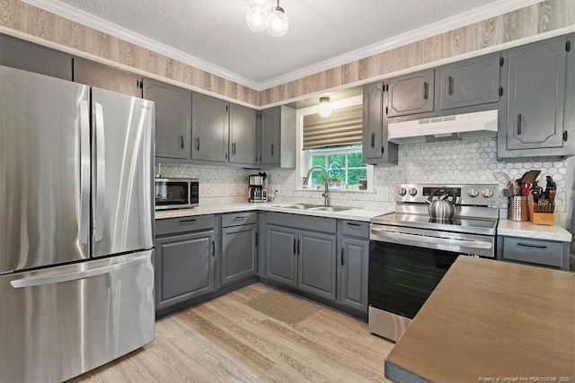 9872 NC-72 Hwy E, Lumberton, NC 28358 - kitchen with stainless steel appliances, under cabinet range hood, a sink, gray cabinets, and a textured ceiling