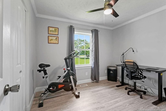9872 NC-72 Hwy E, Lumberton, NC 28358 - home office with wood finished floors, ceiling fan, ornamental molding, a textured ceiling, and baseboards