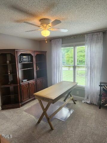 3409 Bennyfield Ct, Fuquay Varina, NC 27526 - office area with light carpet, ceiling fan, and a textured ceiling