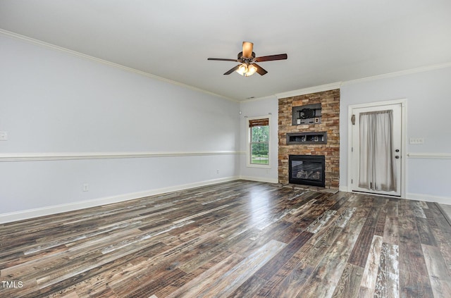 235 Camden Place St, Princeton, NC 27569 - unfurnished living room with a ceiling fan, wood finished floors, a fireplace, crown molding, and baseboards