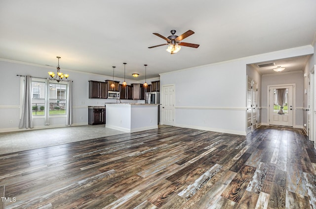 235 Camden Place St, Princeton, NC 27569 - unfurnished living room with a chandelier, dark wood-style floors, a ceiling fan, ornamental molding, and baseboards