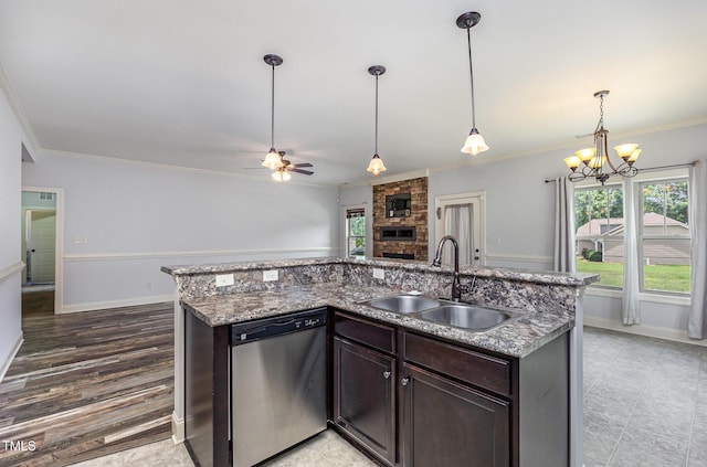 235 Camden Place St, Princeton, NC 27569 - kitchen with dishwasher, a sink, ornamental molding, dark brown cabinetry, and a ceiling fan