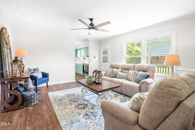 5 Windsor Pl, Mebane, NC 27302 - living room featuring wood finished floors, a ceiling fan, ornamental molding, and baseboards