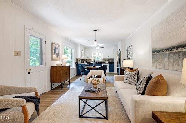 1416 Bramble Dr, Durham, NC 27712 - living area with ornamental molding, light wood-type flooring, and ceiling fan