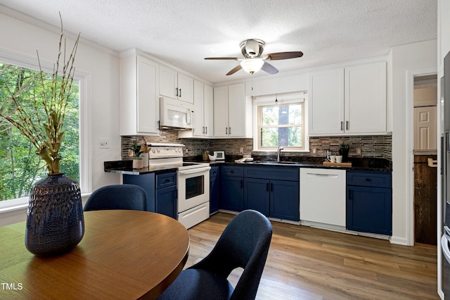 1416 Bramble Dr, Durham, NC 27712 - kitchen with white appliances, blue cabinets, a sink, dark countertops, and white cabinetry