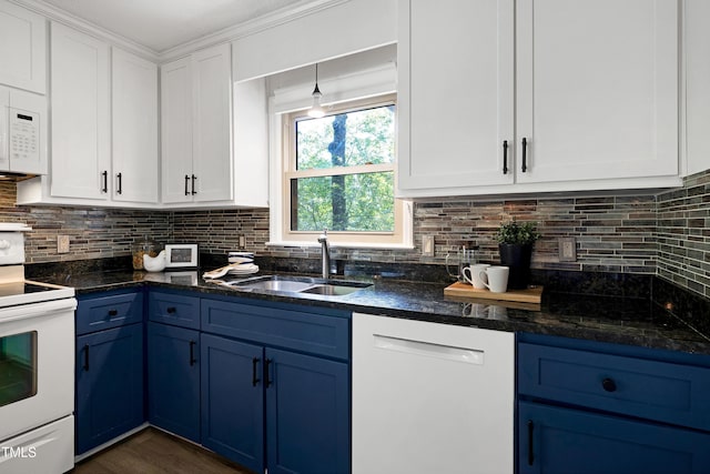 1416 Bramble Dr, Durham, NC 27712 - kitchen featuring white appliances, blue cabinetry, a sink, and white cabinetry