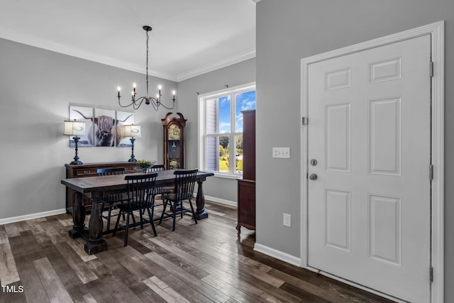 80 Shartree Farms Ln, Louisburg, NC 27549 - dining space with dark wood-style flooring, a chandelier, and crown molding